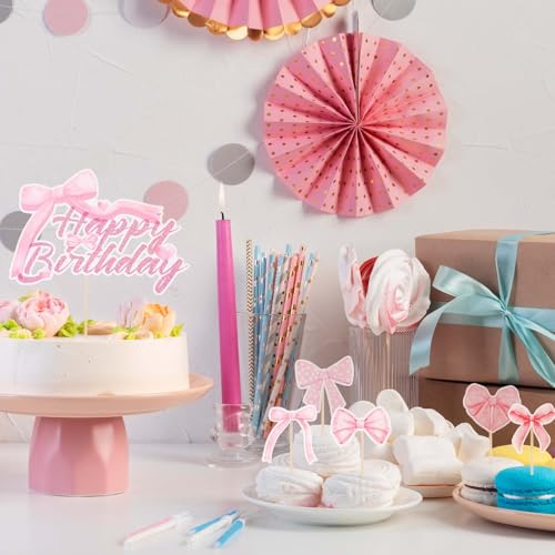 Pink Bow Happy Birthday Cake Topper Set - 25 Pcs Decorations