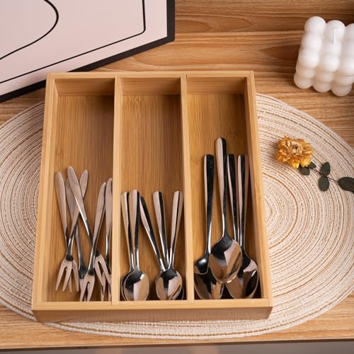 Fibogollo Bamboo Silverware Organizer - Natural 3 Compartment Utensil Tray