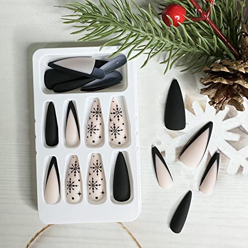 LETSWIN Black Snowflake Almond Press on Nails with Rhinestones 24 Pcs