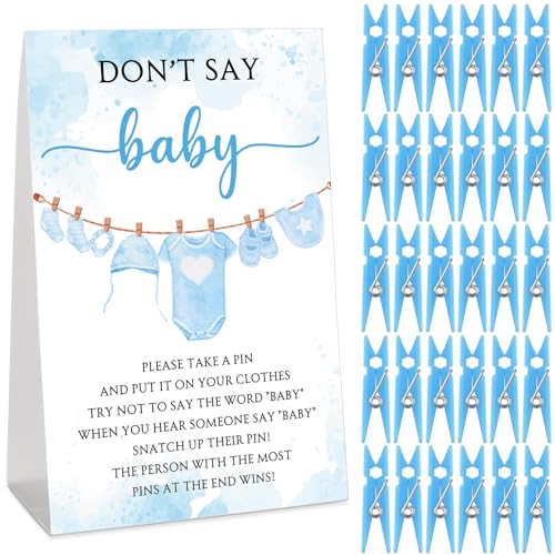 Cinnvoice 51 Pcs Don't Say Baby Game Sign & Blue Clothespins for Baby Shower Party