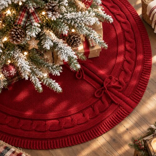 Knit Christmas Tree Skirt - Burgundy Cable Knit Rustic Holiday Decor 36 Inch