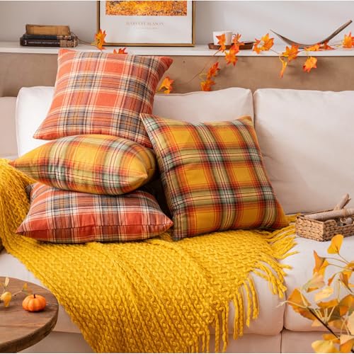 Yellow Plaid Throw Pillow Covers 16x16 Inch Set of 2 - AQOTHES