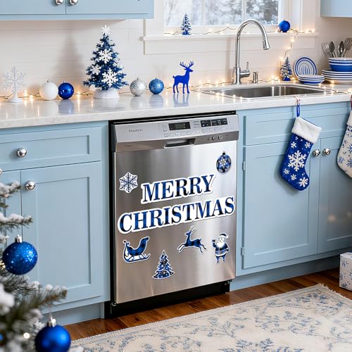 Blue Black Plaid Christmas Dishwasher Magnetic Decorations 6pcs - Merry Christmas Holiday Kitchen Refrigerator Magnet Set