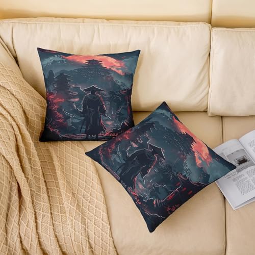 Jejeloiu Red Black Japanese Throw Pillow Covers Set of 2 16x16 Inches