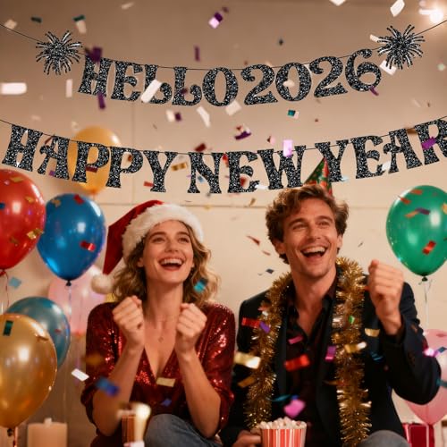 2026 Happy New Year Banner - Black Glitter Party Decoration