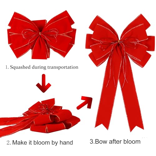 Red Christmas Bow Outdoor Decorations 12x20 Velvet Wreath Bow with Glitter & Gold Edge - Variation: Red