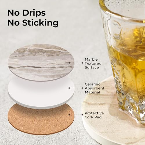 LIFVER Marble Ceramic Coasters Set of 4 with Holder - Absorbent & Stylish