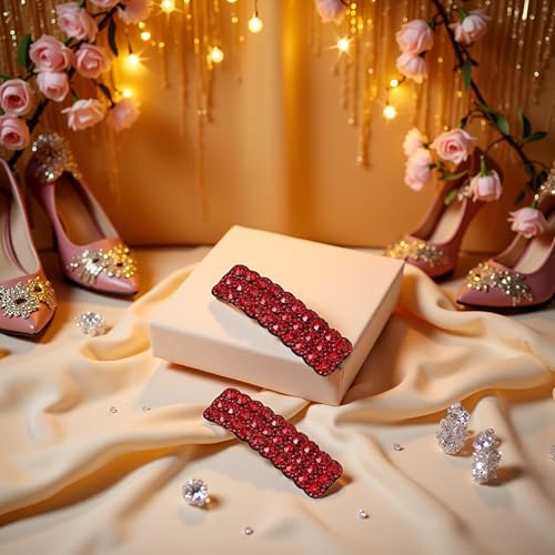 Red Rhinestone Hair Clips Korean Style Rectangular Barrettes 2 Pcs