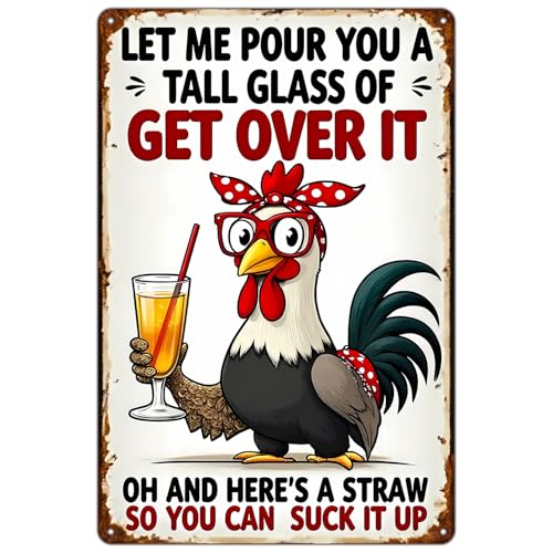 FunnySign Chicken Decor Old Rooster and Cute Chick Metal Wall Art 8x12