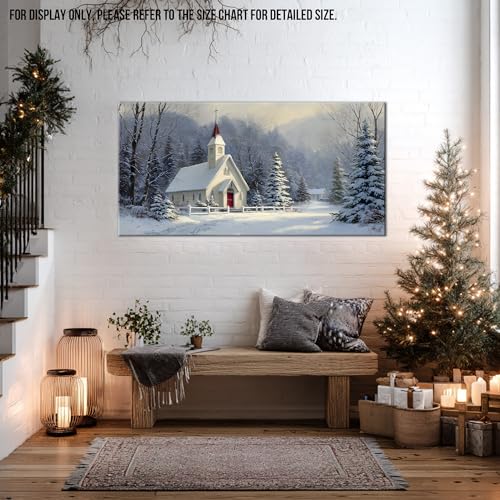 Winter Scene Canvas Wall Art - Snowy Landscape Rustic Church Christmas Decor - 24x32 Inches