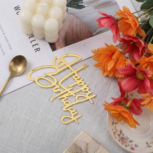 Gold Heart Happy Birthday Cake Topper - 4x3in Acrylic Sign