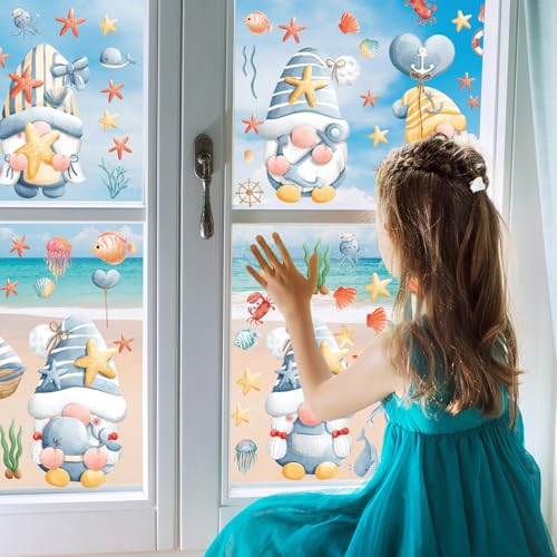 Hianjoo 93 Pcs Summer Beach Gnome Window Clings - Ocean Decor