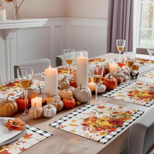 Fall Placemats Set of 6 - Orange and Black Farmhouse Table Mats with Pumpkin Design