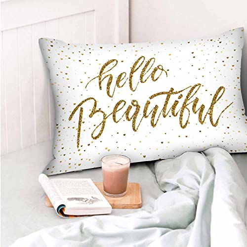 Mugod 20x30 Inch Gold Glitter Motivational Throw Pillow Cover - Hello Beautiful