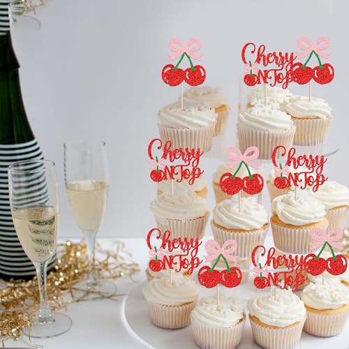 24 PCS Cherry On Top Cupcake Toppers - Glitter Cherry Picks, Design 1