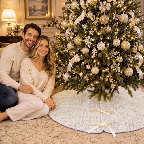 48 Inch White Tweed Christmas Tree Skirt - Farmhouse Holiday Decor