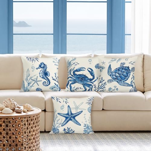 Bonhause Coastal Throw Pillow Covers, Marine Animal Design, 18x18 Inch, Set of 4