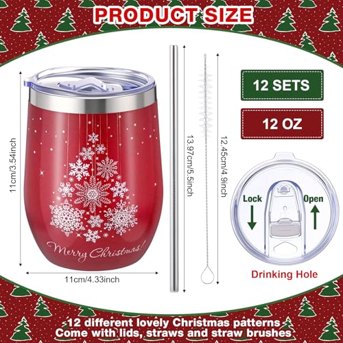 12 Pack Christmas Stainless Steel Wine Tumblers with Lids & Straws - Charming Holiday Design
