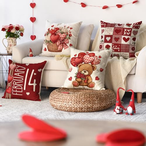 Valentine's Day Throw Pillow Covers 18x18 Inch, Set of 4 Heart Decor