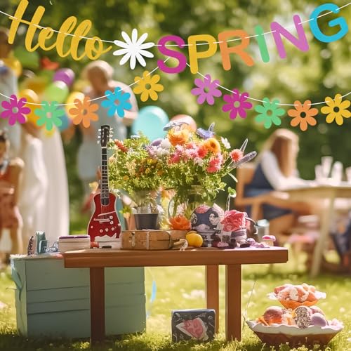 Hello Spring Glitter Banner with Daisy Flower Garland - Colorful Party Decoration