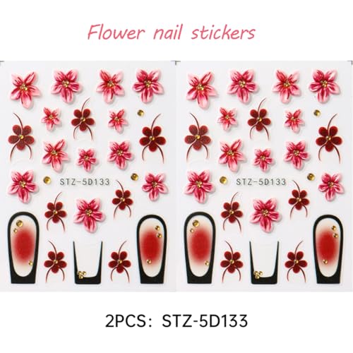 5D Embossed Flower Nail Stickers - 2 Sheets Blush French Nail Art Decals