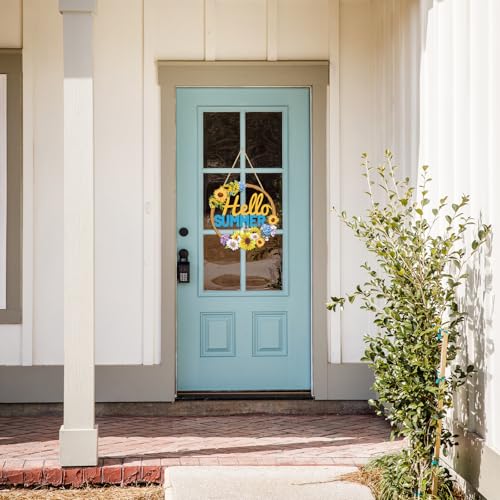 Hello Summer Sunflower Wooden Hanging Sign for Front Door Decor