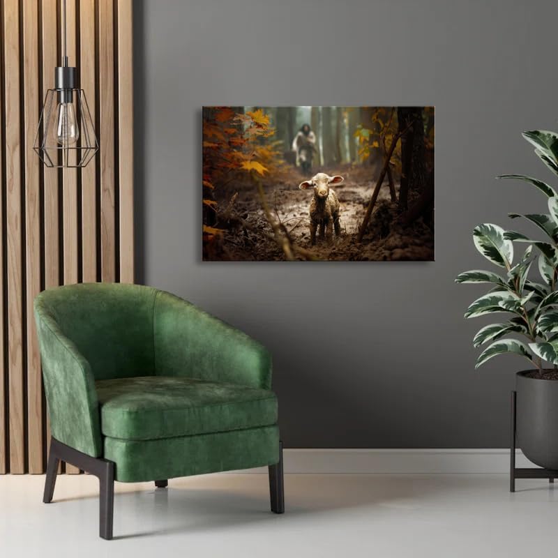 Ploceiny Large Jesus Running After Lost Lamb Canvas Wall Art - Perfect Baptism Gift | 36" x 24" Home Decor