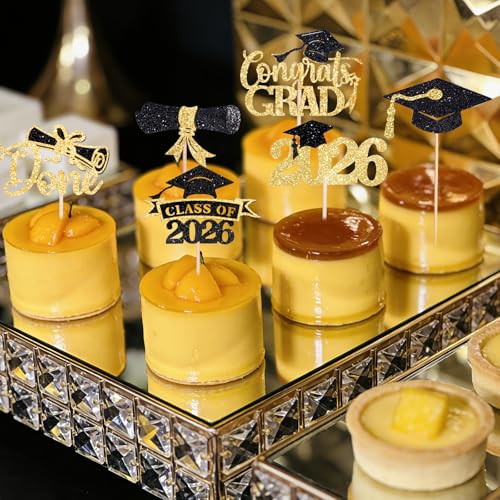 2026 Graduation Cupcake Toppers - 60 Pcs Black Gold Decor