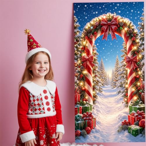 Christmas Door Banner Cover - Winter Wonderland Candy Cane Arch, Style A, 71x35 Inches