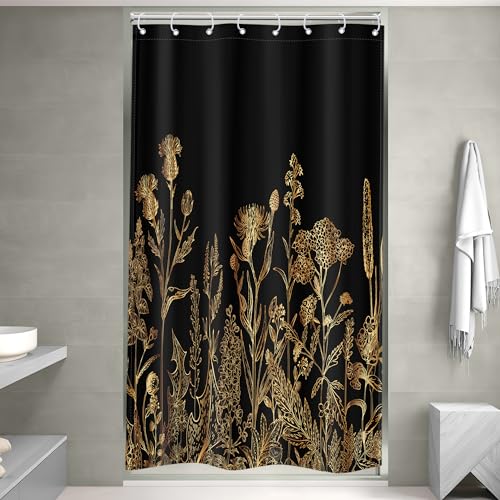 Riyidecor Floral Shower Curtain - Narrow 48"W x 72"L Black & Gold Botanical