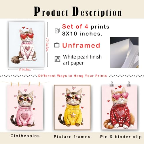 Retro Cat Wall Art Prints Set of 4 Funny Trendy Kitty Pictures 8x10