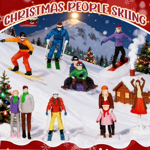 Miniature Christmas Village People Figurines Set - 8 pcs, Skating & Skiing, Variation B