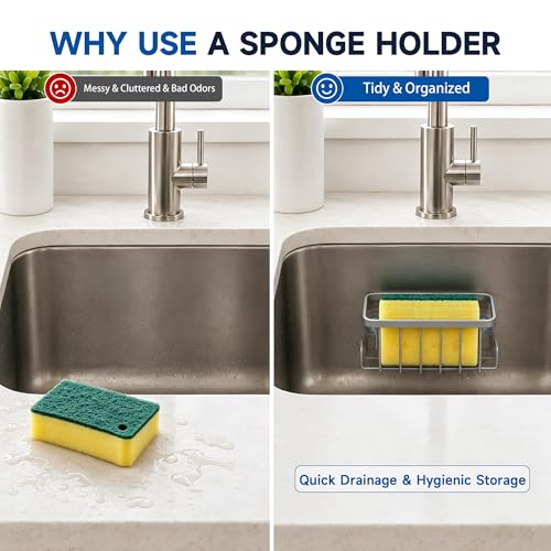Rustproof Kitchen Sink Sponge Holder with Dual Side Hooks