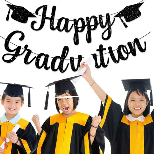 Black Glitter Happy Graduation Banner - Pre-Assembled Party Decor