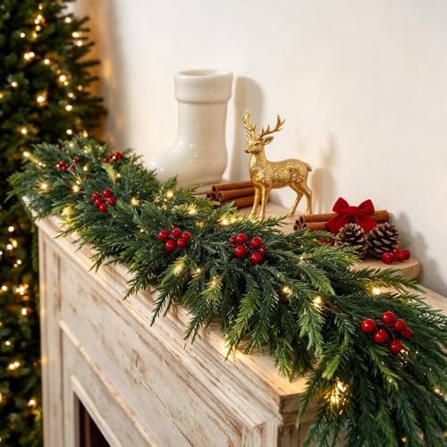 Christmas Garland with Lights 6FT Red Berries & Pine - Double Variation