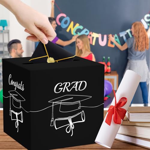 Graduation Card Box - Foldable Black & Silver Foil Design, 8.7"