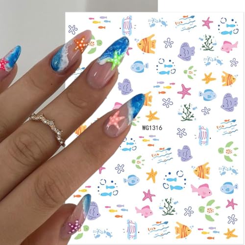GUAACCB 6 Sheets Summer Nail Stickers 3D Self-Adhesive Beach Shell Decals