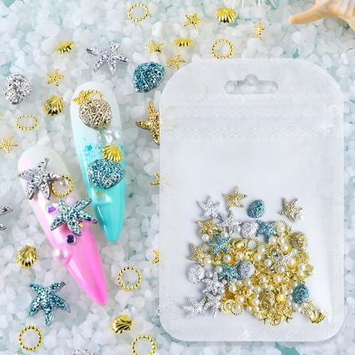 OSTTMA 100Pcs Summer Nail Charms 3D Seashell Starfish Pearls Rhinestones