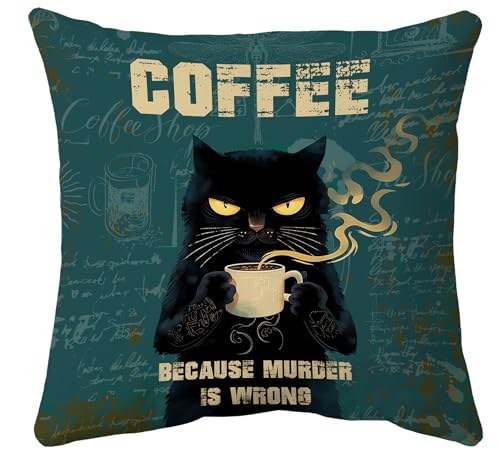 Funny Black Cat Coffee Pillow Cover, 18x18 Soft Corduroy Case (Cat03)