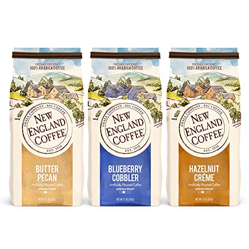 New England Coffee Ground Coffee Pack – Butter Pecan, Blueberry Cobbler & Hazelnut Crème, 11oz (Set of 3) – Small Batch, Kosher & Arabica