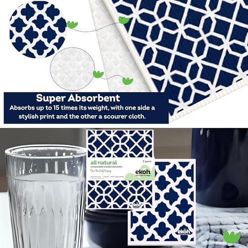 EKOH Swedish Dishcloths - Geometric Navy 2-Pack, Reusable Eco-Friendly