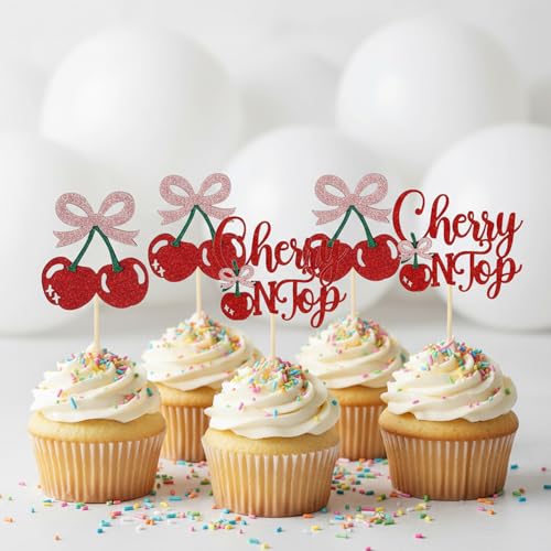 24 Pcs Cherry Cupcake Toppers Glitter Sweet Cherry Cake Decorations
