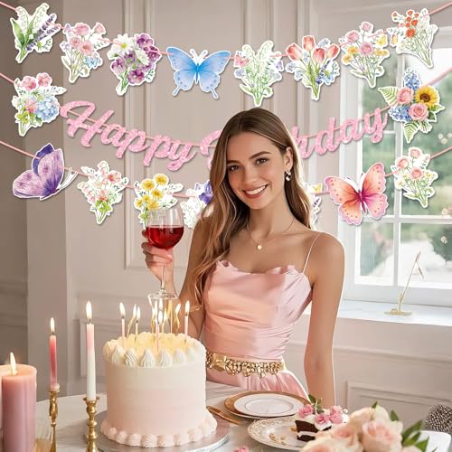 Happy Birthday Banner with Pink Glitter & Floral Accents