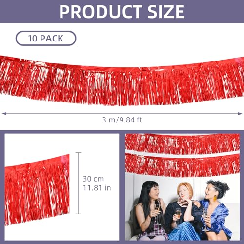 Red Fringe Garland 10 Pack - Metallic Tinsel Streamers for Party Decorations