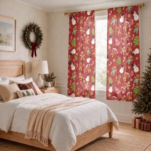 Red Sheer Holiday Curtains 52x63 Inches - Pack of 2 with Gingerbread & Snowman