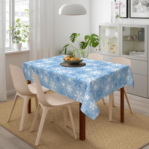 84x60 Inch Light Blue Snowflake Christmas Tablecloth - Rectangular Holiday Decor