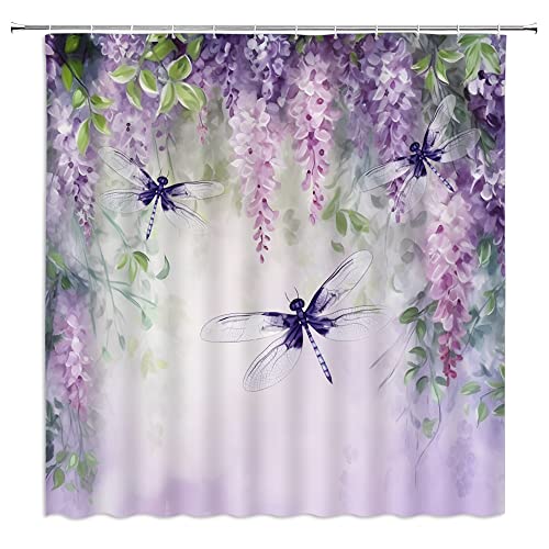 Purple Wisteria & Dragonfly Shower Curtain, 70 x 70 Inch Botanical Fabric