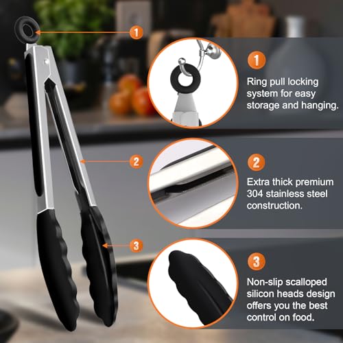 JIDSPWLS 2 Pack Premium Stainless Steel Kitchen Tongs, 9'' & 12''