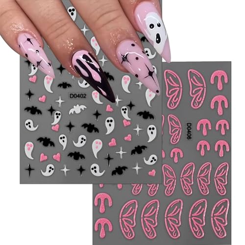 6 Sheets Halloween Nail Stickers Pink Glitter Butterfly Spider Web 3D Decals
