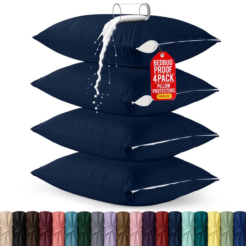 Utopia Bedding Queen Size Pillow Protectors Pack of 4 Navy Blue Zippered Waterproof Encasements